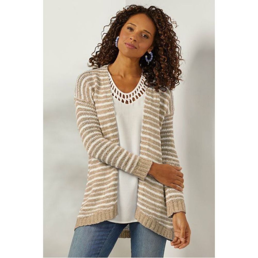 Open-Front Striped Knit Cardigan Sweater - Beige/White